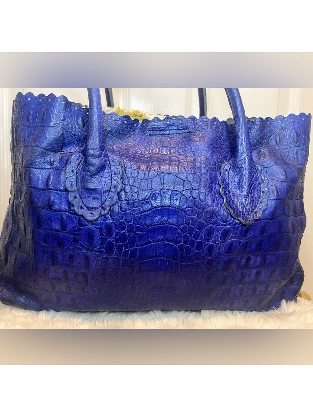 FURLA LEATHER (CANDY BAG) CROCODILE EMBOSSED SATCHEL TOTE PURPLE/BLUE - Picture 3 of 15